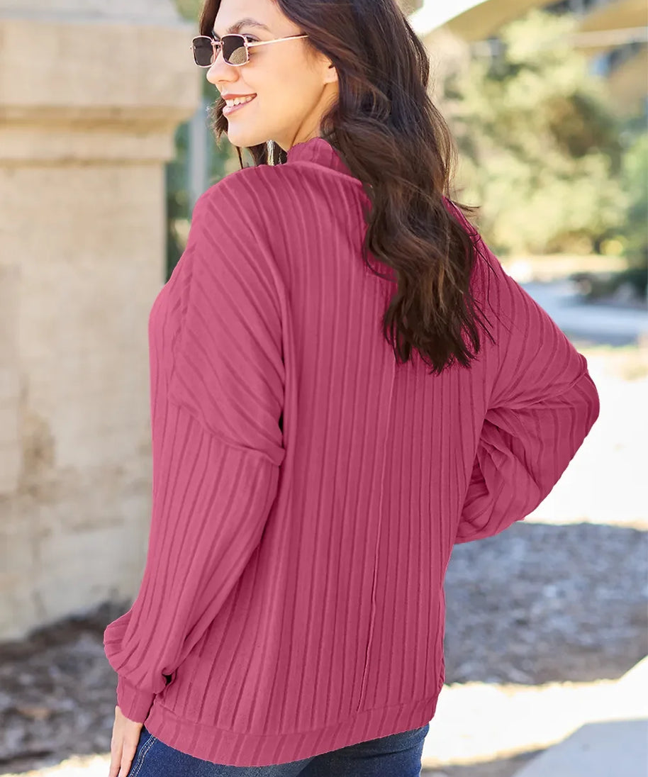Basic Bae Full Size Ribbed Exposed Seam Mock Neck Knit Top