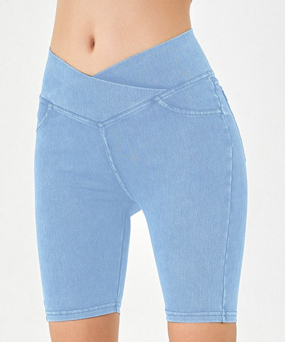 Basic Bae Asymmetrical Waist Denim Shorts with Pockets
