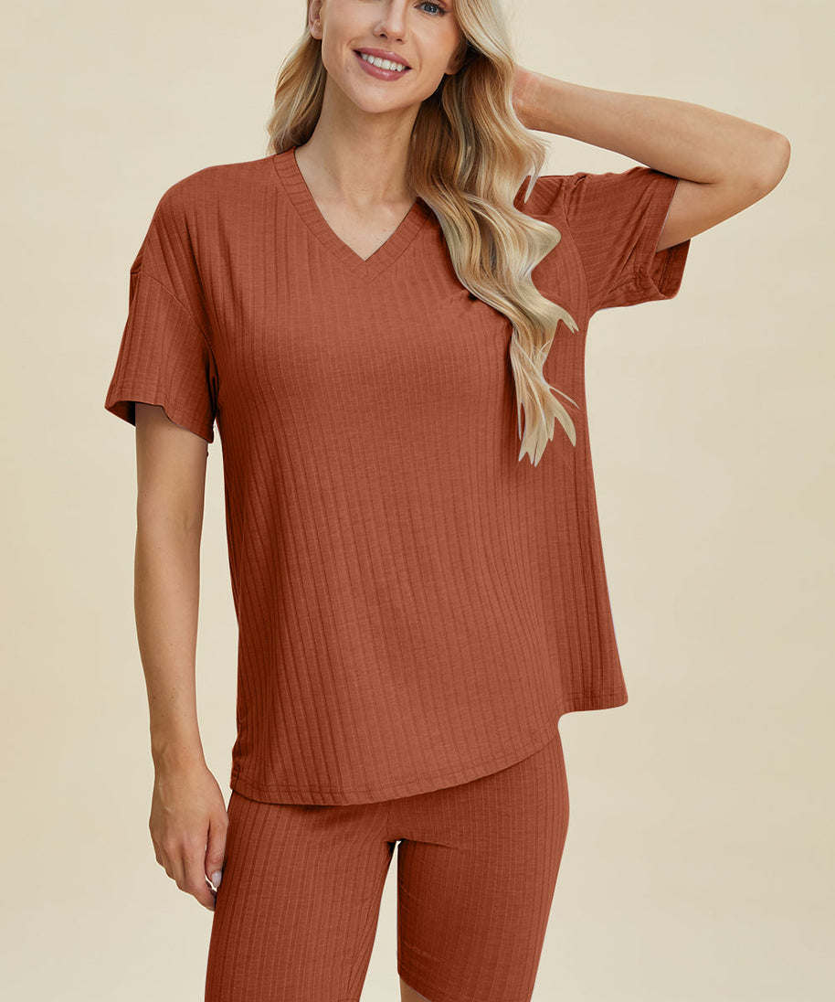 Basic Bae Full Size Ribbed V-Neck Short Sleeve Top and Shorts Set