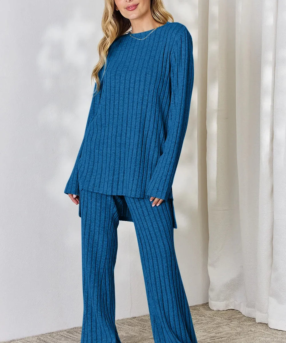 Basic Bae Full Size Ribbed High-Low Top and Wide Leg Pants Set