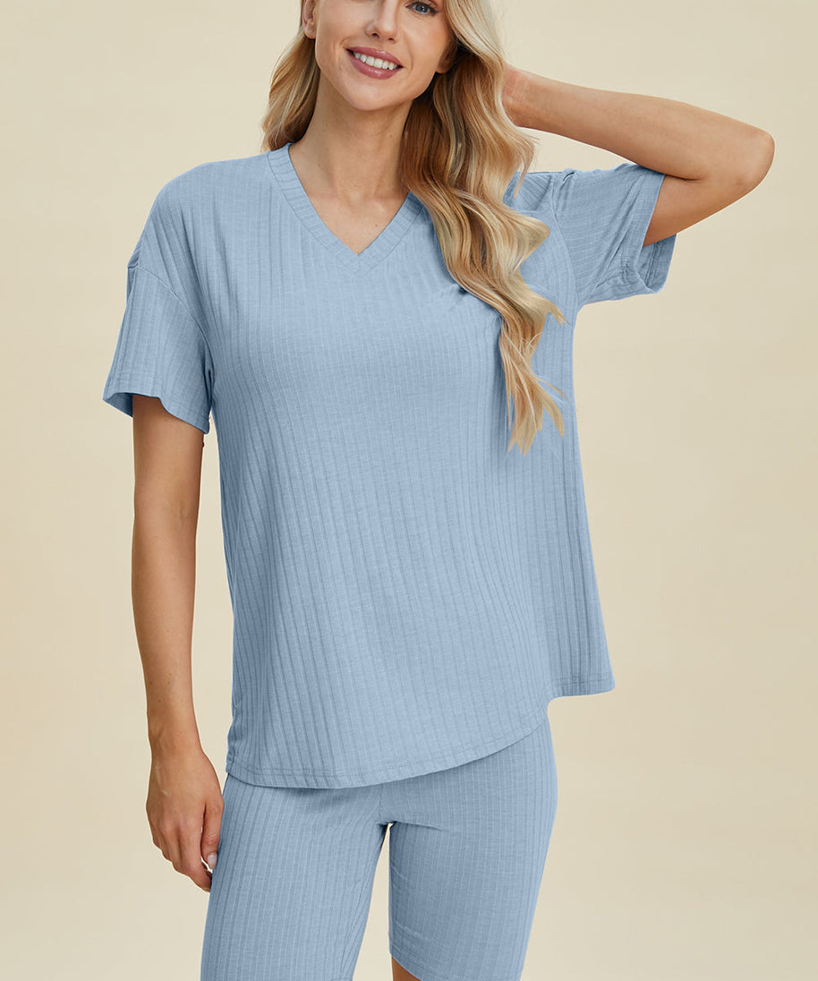Basic Bae Full Size Ribbed V-Neck Short Sleeve Top and Shorts Set