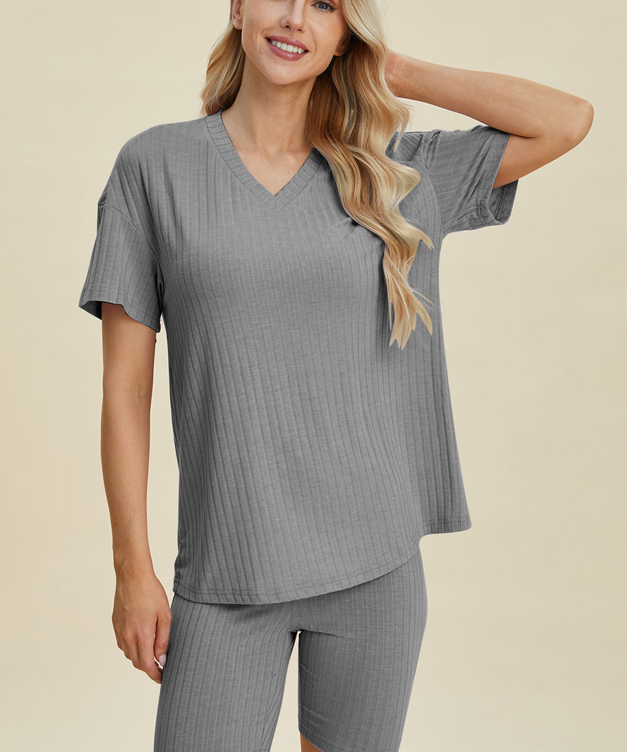Basic Bae Full Size Ribbed V-Neck Short Sleeve Top and Shorts Set