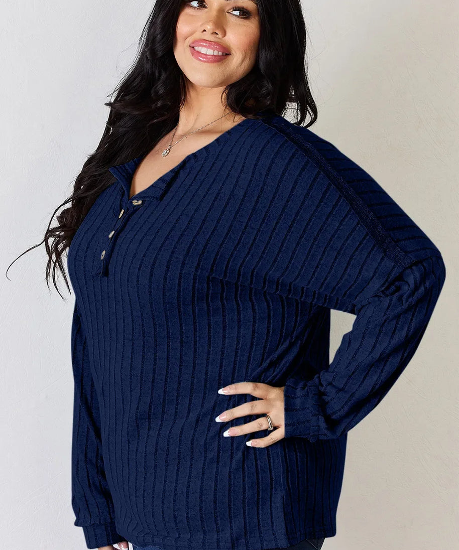 Basic Bae Full Size Ribbed Half Button Long Sleeve T-Shirt