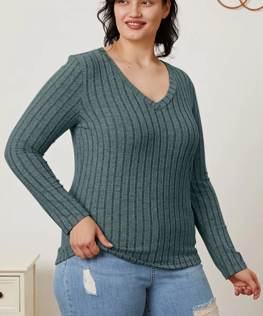 Basic Bae Full Size Ribbed V-Neck Long Sleeve T-Shirt