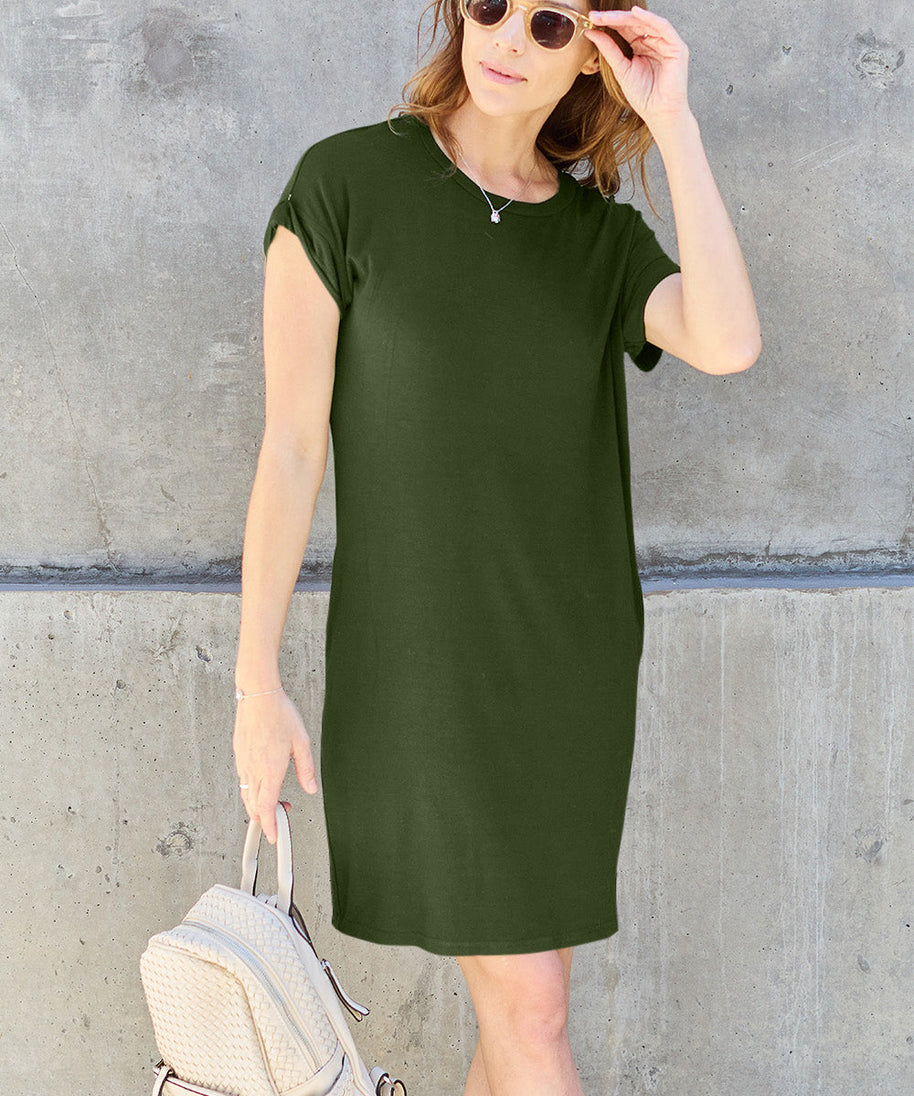 Basic Bae Full Size Round Neck Short Sleeve Dress with Pockets