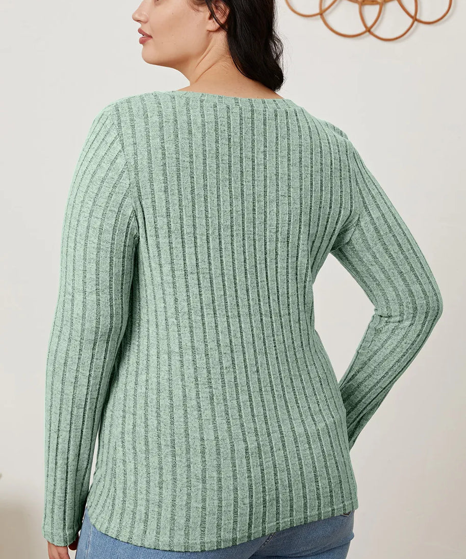 Basic Bae Full Size Ribbed V-Neck Long Sleeve T-Shirt