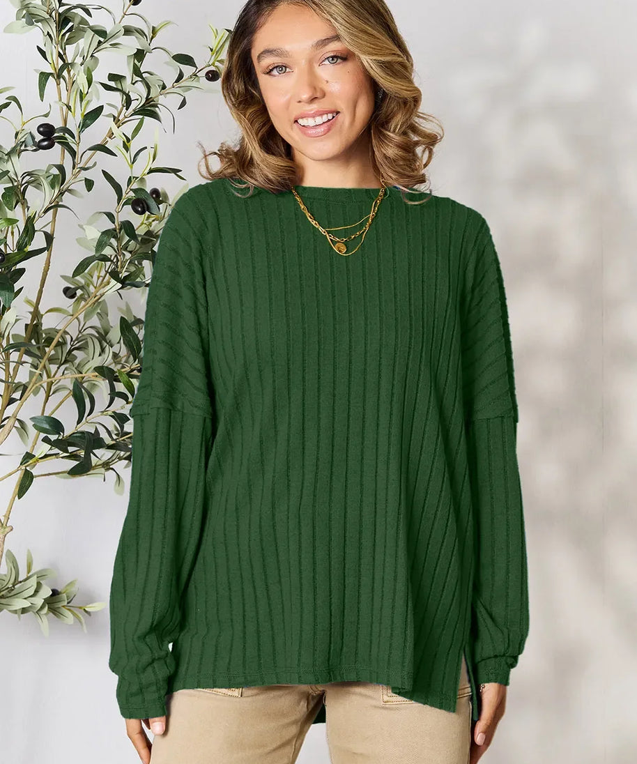 Basic Bae Full Size Ribbed Round Neck Slit Knit Top