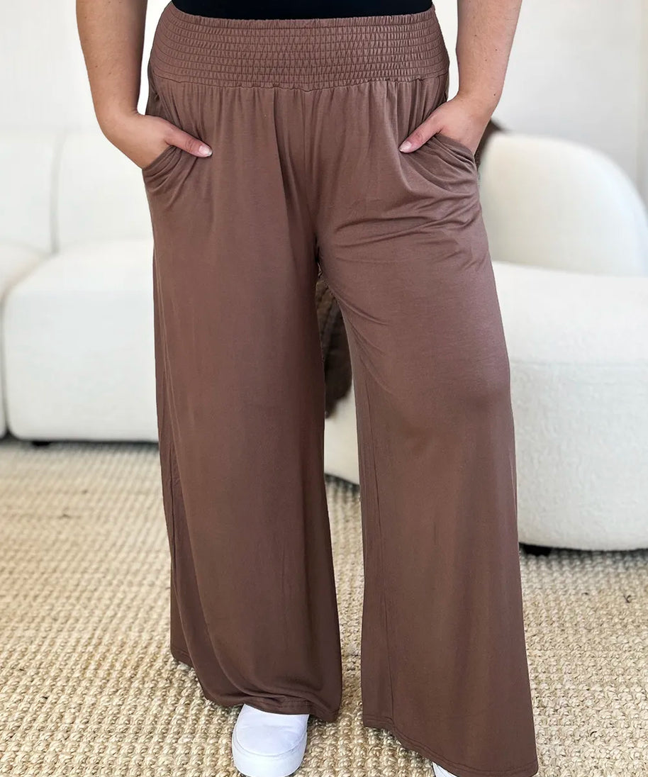 Basic Bae Full Size Smocked Wide Waistband Wide Leg Pants