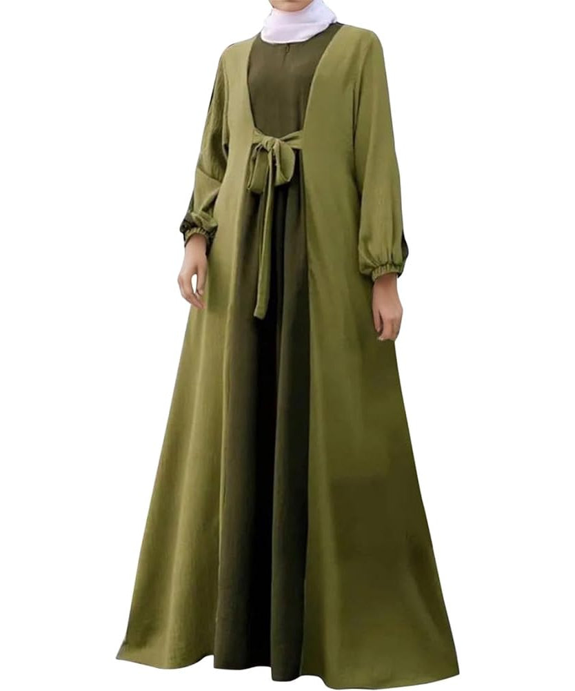 IBAKOM Abaya Dress for Women Self Tie Modest Muslim Clothes Eid Ramadan Prayer Jilbab Islamic A-line Turkish Robe Arabian Dubai Attire Burka Kaftan Maxi Dress Jalabiya Green Tie 2XL