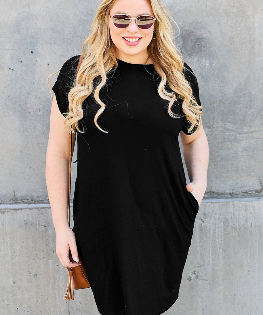 Basic Bae Bamboo Full Size Round Neck Short Sleeve Dress with Pockets