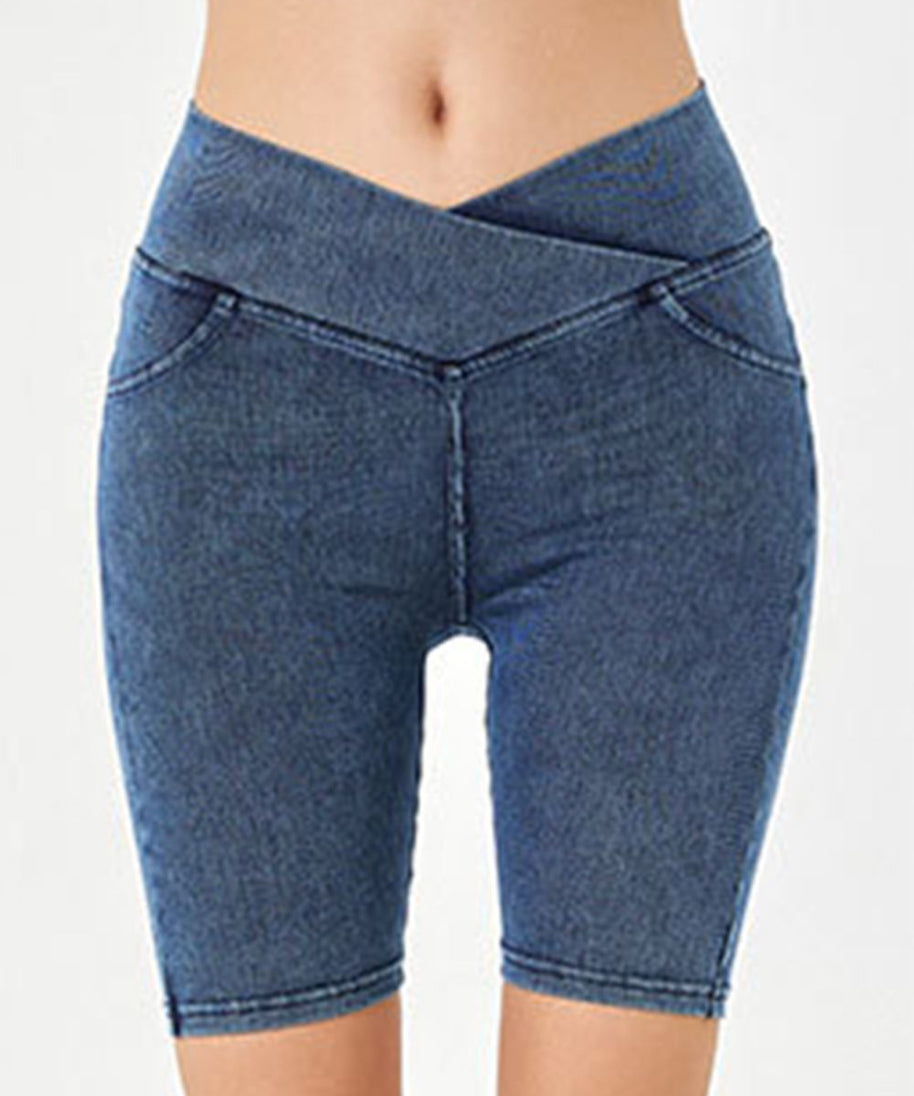 Basic Bae Asymmetrical Waist Denim Shorts with Pockets