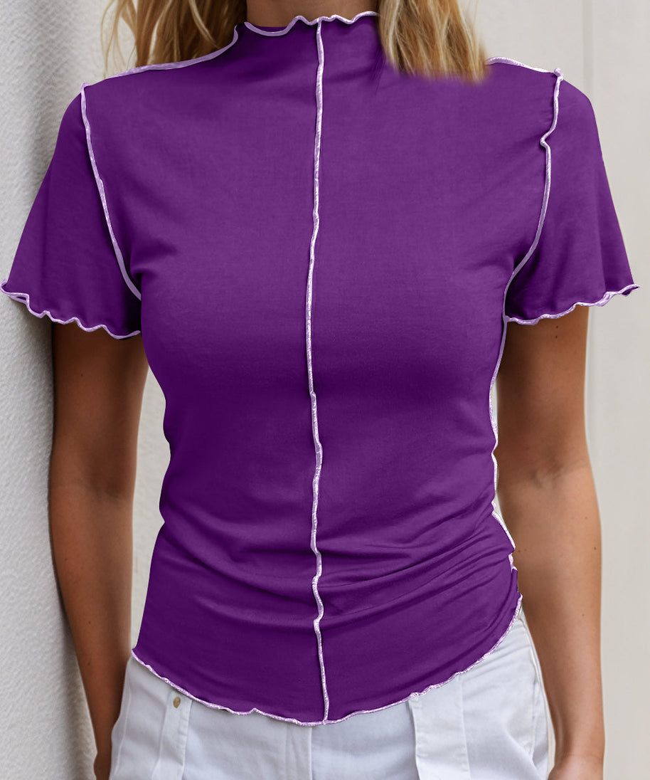 Basic Bae Contrast Trim Mock Neck Short Sleeve T-Shirt