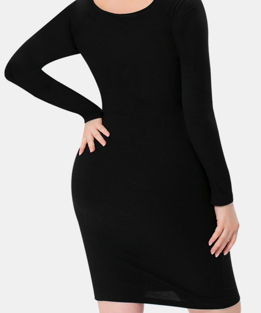 Basic Bae Full Size Built-In Shapewear Square Neck Long Sleeve Dress
