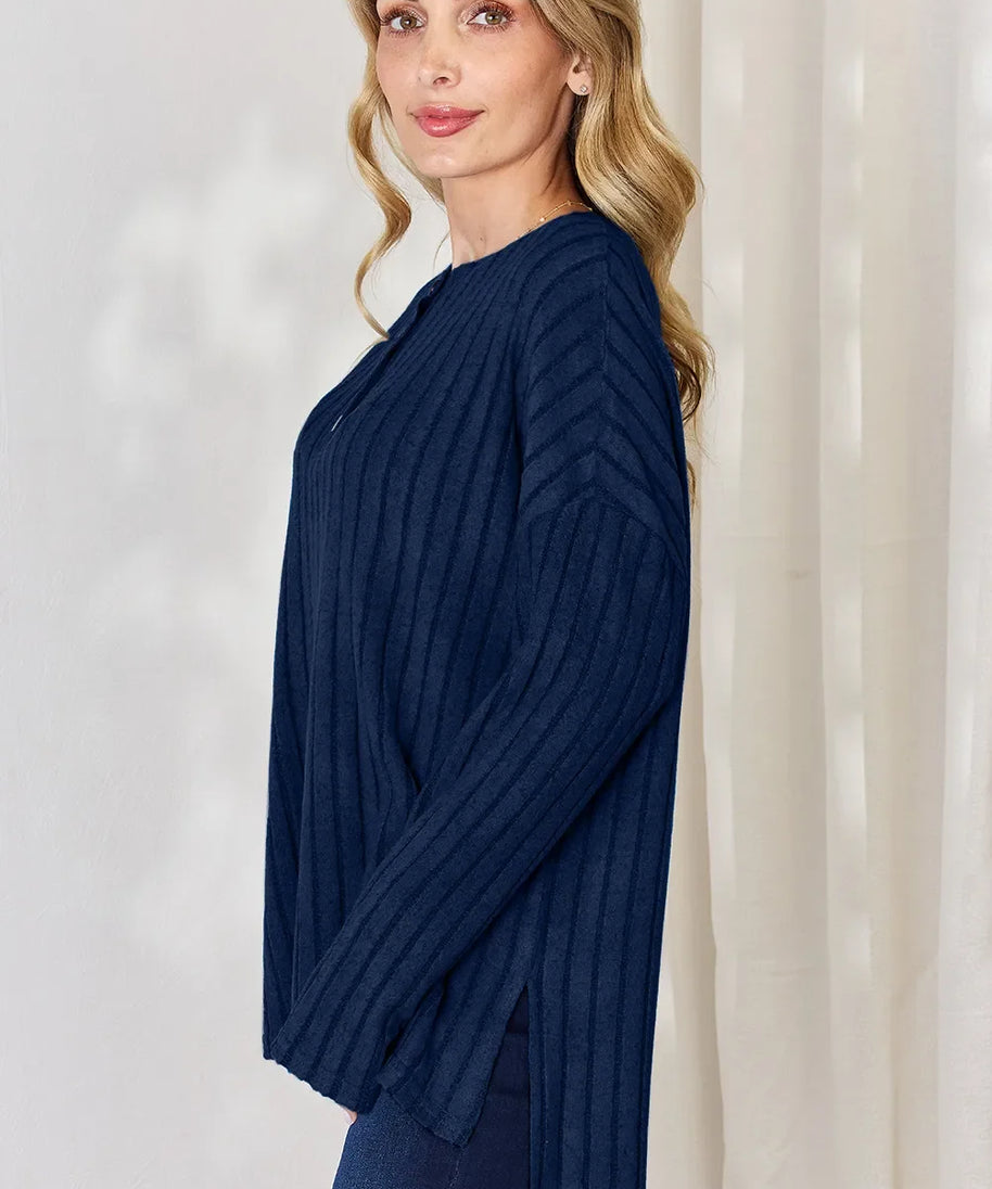 Basic Bae Full Size Ribbed Half Button Long Sleeve High-Low T-Shirt