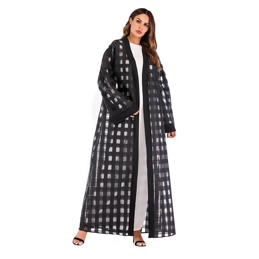 Muslim Plaid Loose Sleeve Lace-Up Robe for Women
