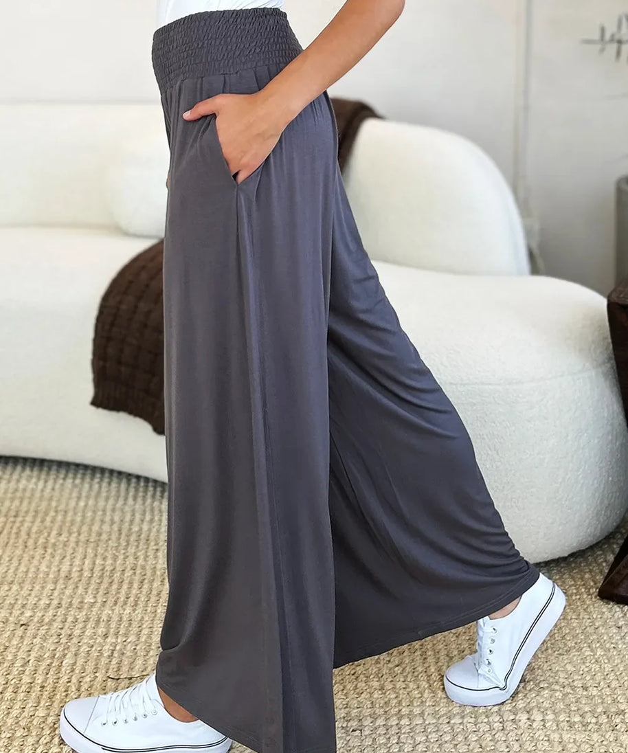 Basic Bae Full Size Smocked Wide Waistband Wide Leg Pants