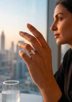 Amelia wearing a diamond ring