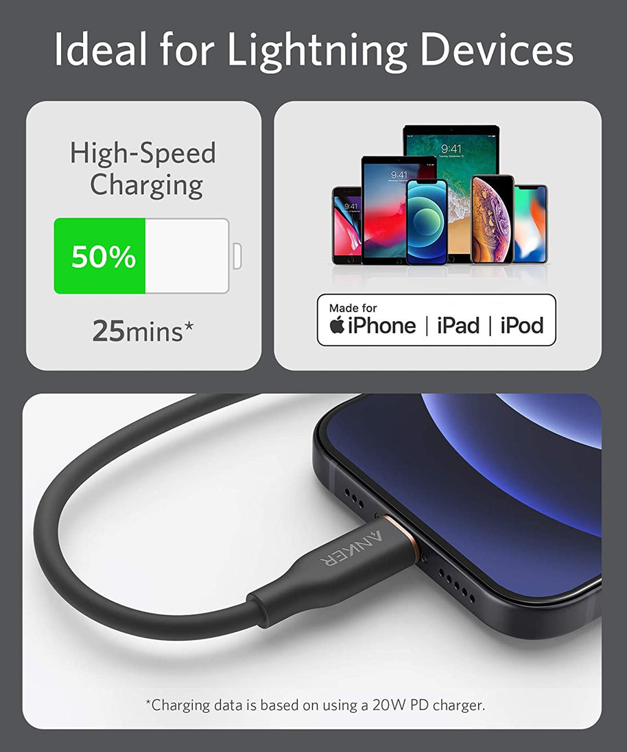 Anker <b>641</b> USB-C to Lightning Cable (Flow, 3 ft Silicone)