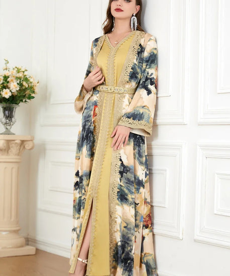 Morocco Muslim Abaya Dress 2 Piece Set with Embroidery