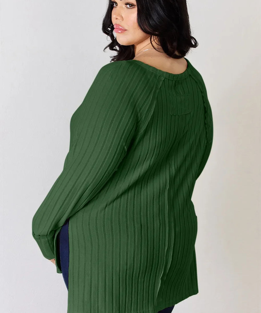 Basic Bae Full Size Ribbed Round Neck Slit T-Shirt