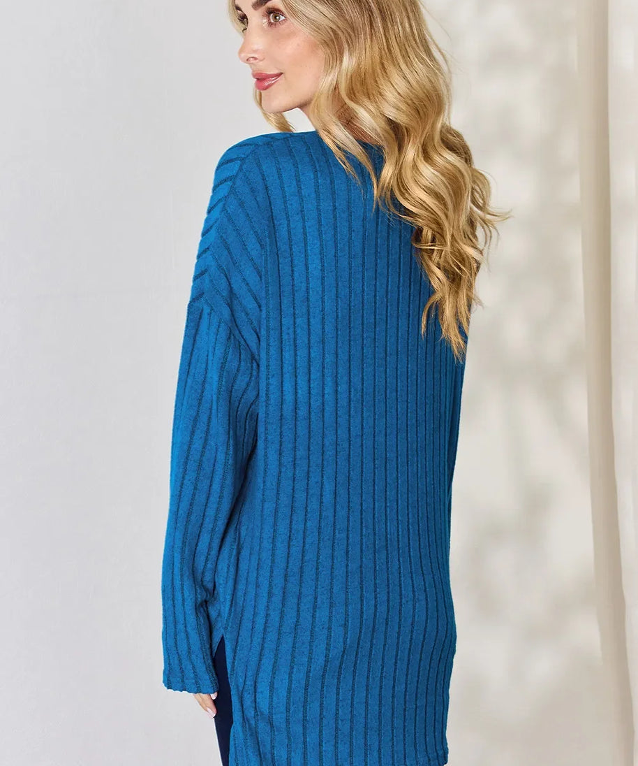 Basic Bae Full Size Ribbed Half Button Long Sleeve High-Low T-Shirt