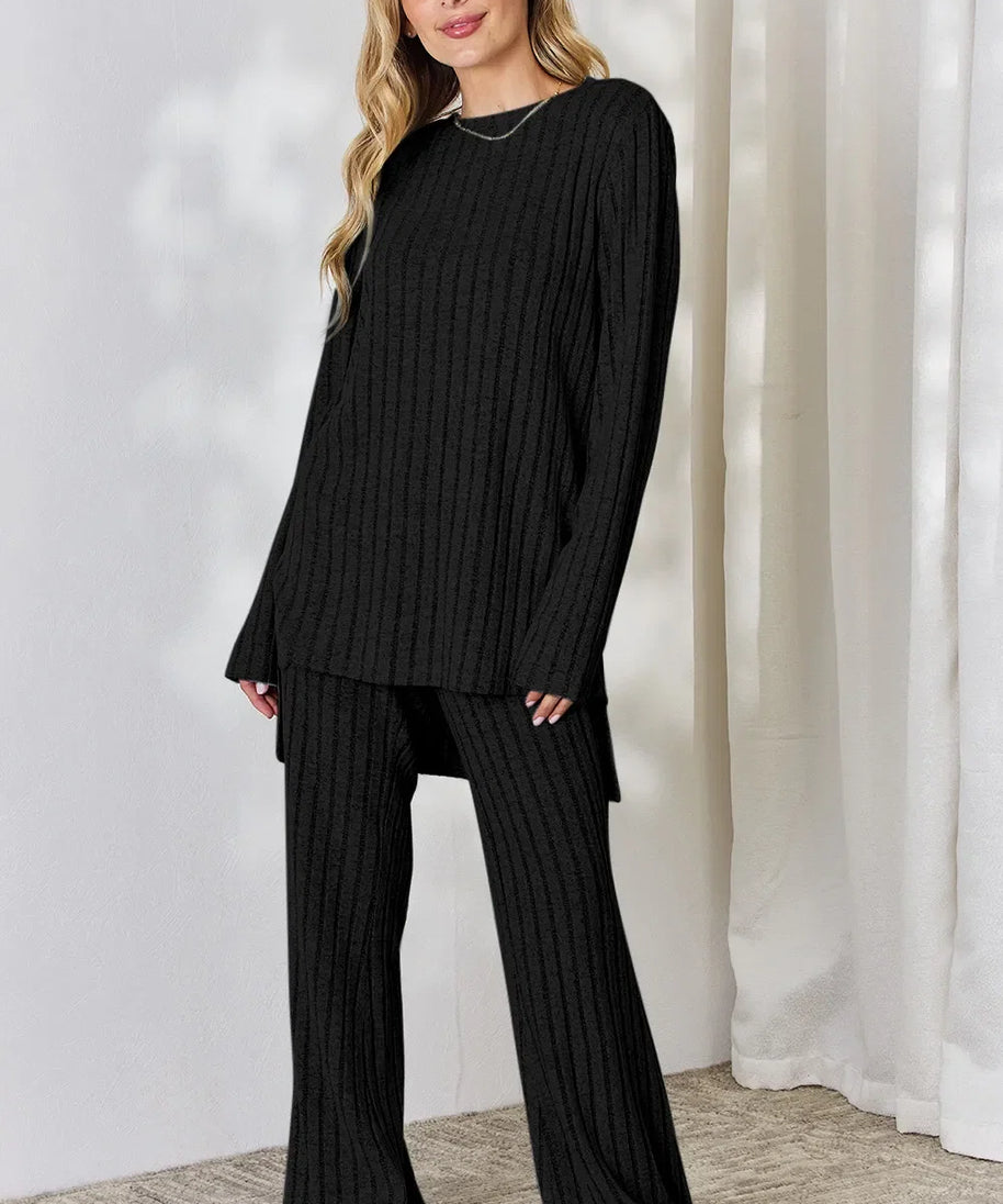 Basic Bae Full Size Ribbed High-Low Top and Wide Leg Pants Set