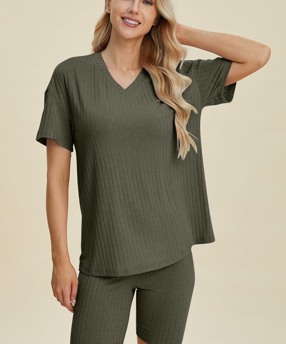 Basic Bae Full Size Ribbed V-Neck Short Sleeve Top and Shorts Set