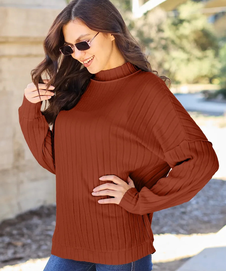 Basic Bae Full Size Ribbed Exposed Seam Mock Neck Knit Top