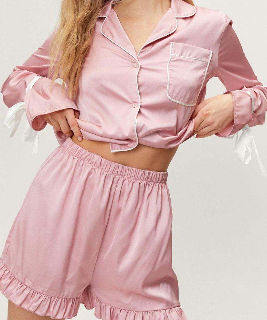 Basic Bae Tied Cuff Collared Neck Top and Frill Shorts Lounge Set