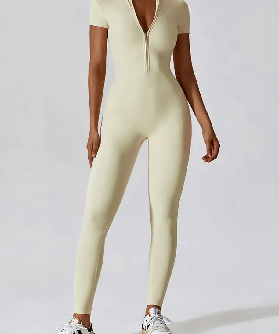 Basic Bae Half Zip Short Sleeve Active Jumpsuit