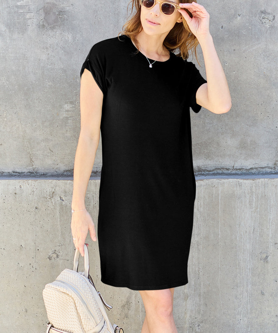 Basic Bae Bamboo Full Size Round Neck Short Sleeve Dress with Pockets