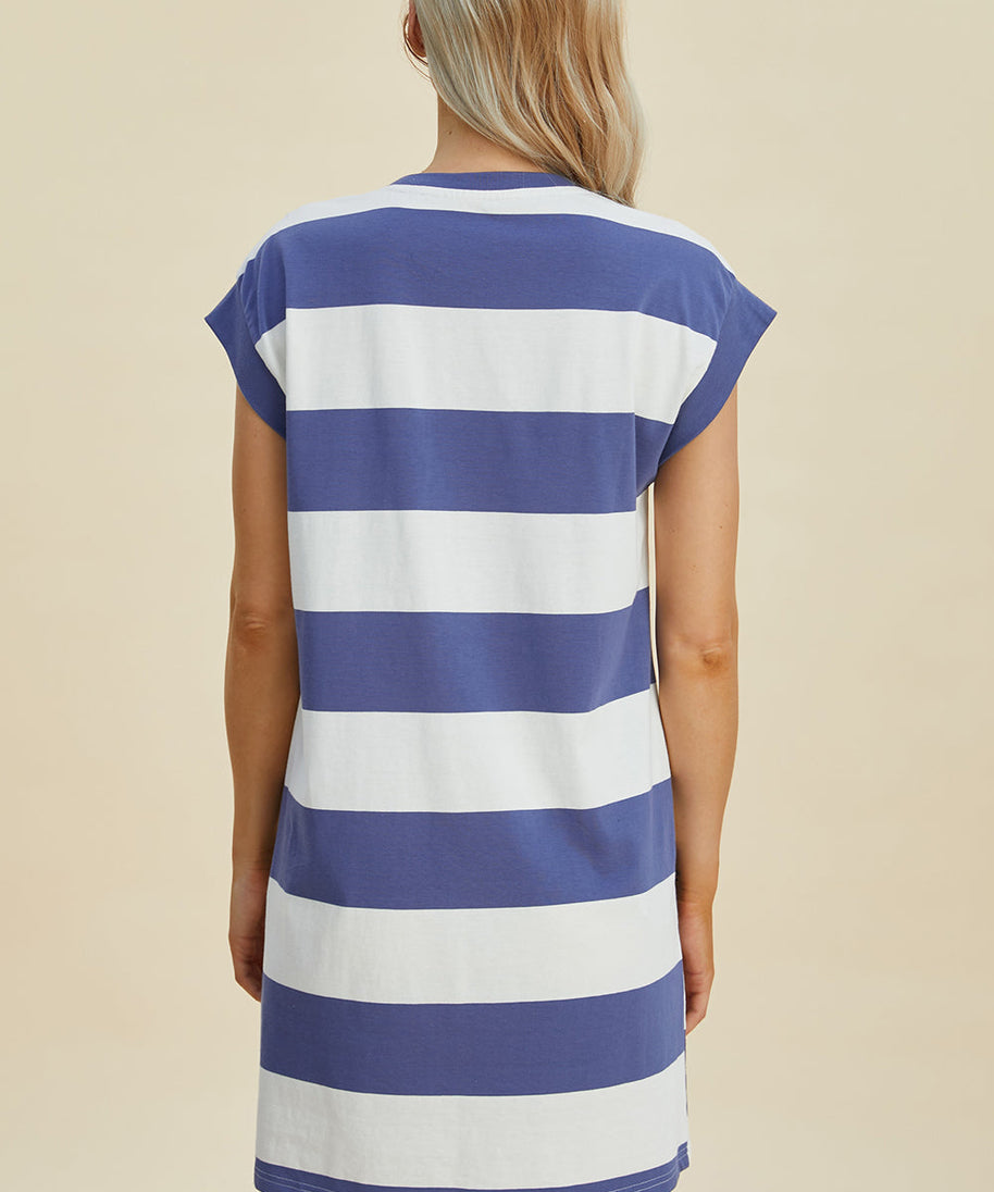 Basic Bae Full Size Striped Round Neck Cap Sleeve Mini Dress