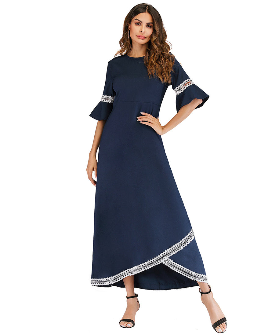 Muslim Long Dress with Lace Trim and Flare Sleeves