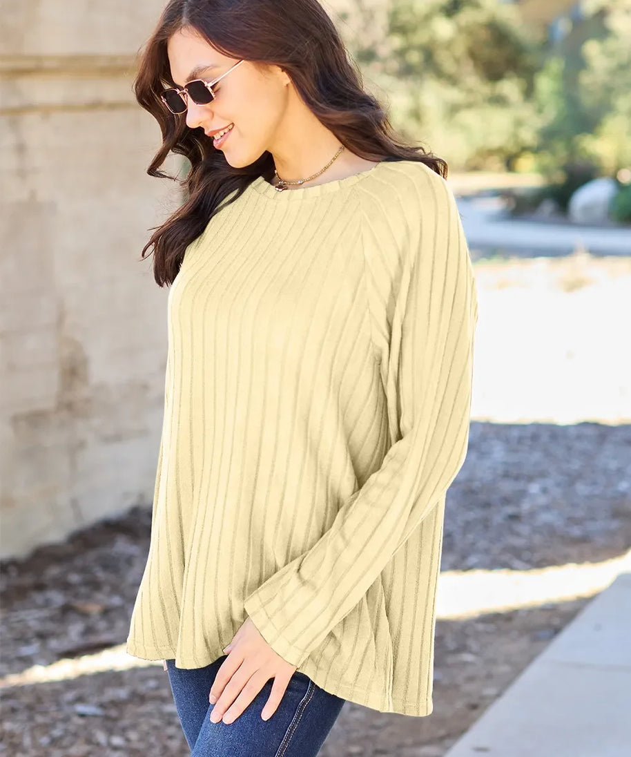 Basic Bae Full Size Ribbed Round Neck Long Sleeve Knit Top