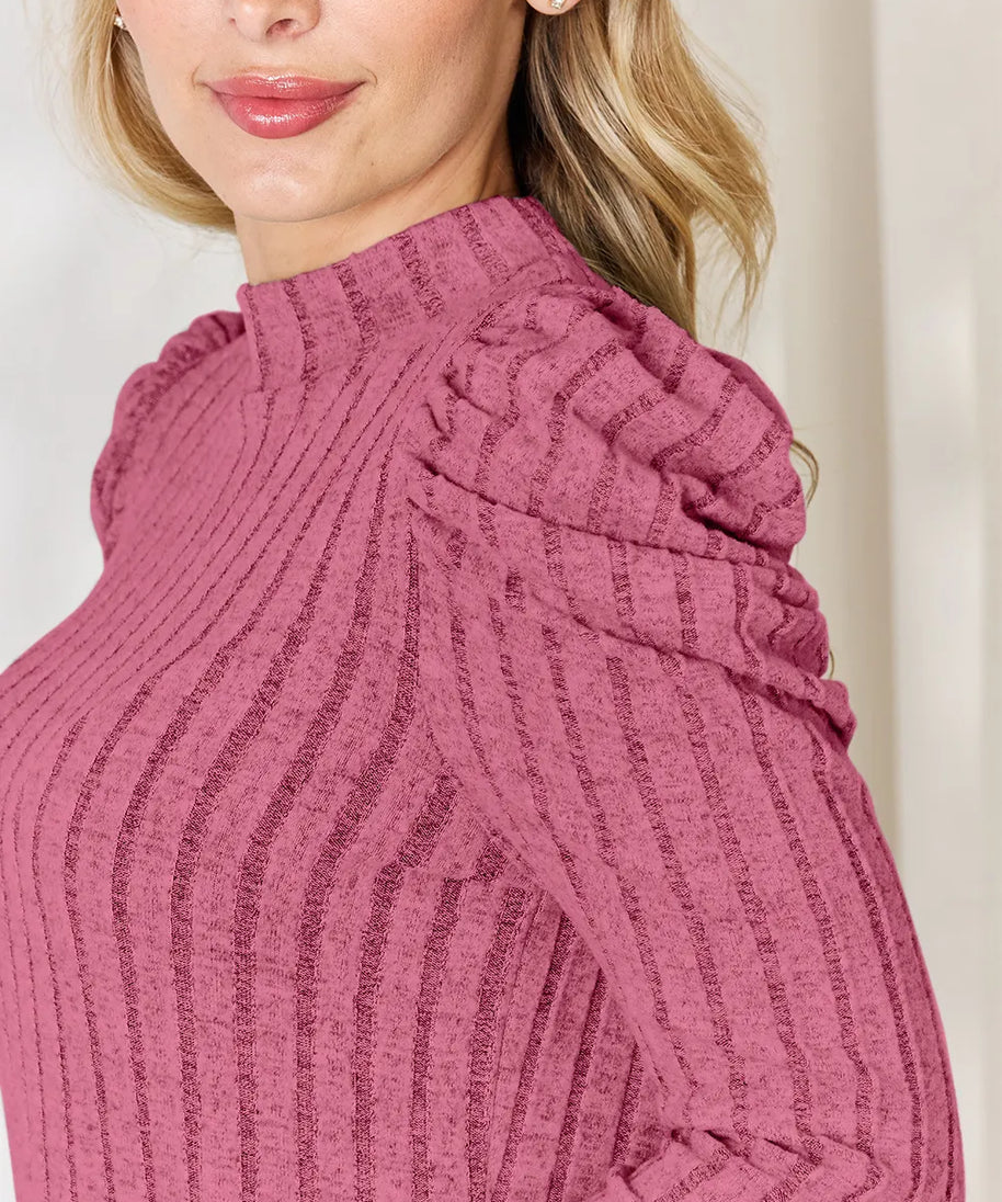 Basic Bae Full Size Ribbed Mock Neck Puff Sleeve T-Shirt