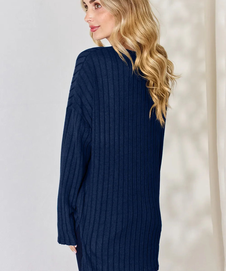 Basic Bae Full Size Ribbed Half Button Long Sleeve High-Low T-Shirt