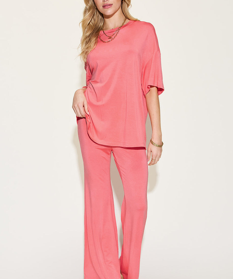 Basic Bae Full Size Bamboo Drop Shoulder T-Shirt and Flare Pants Set