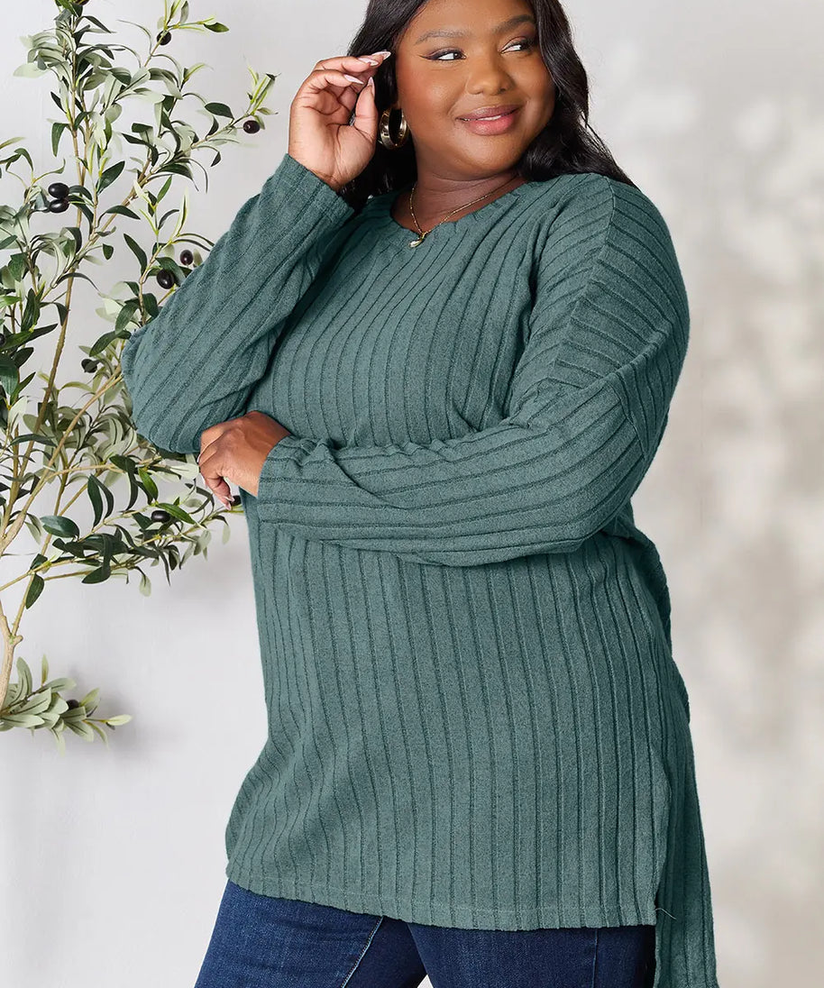 Basic Bae Full Size Ribbed Round Neck Long Sleeve Slit Top