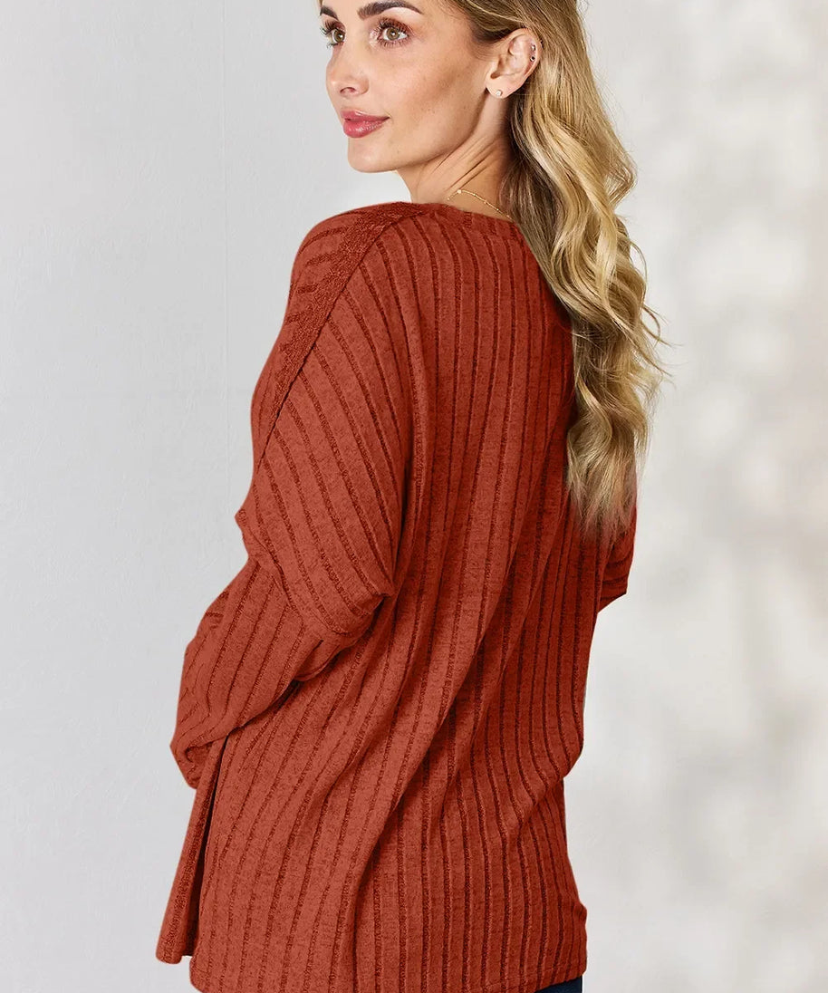 Basic Bae Full Size Ribbed Half Button Long Sleeve T-Shirt