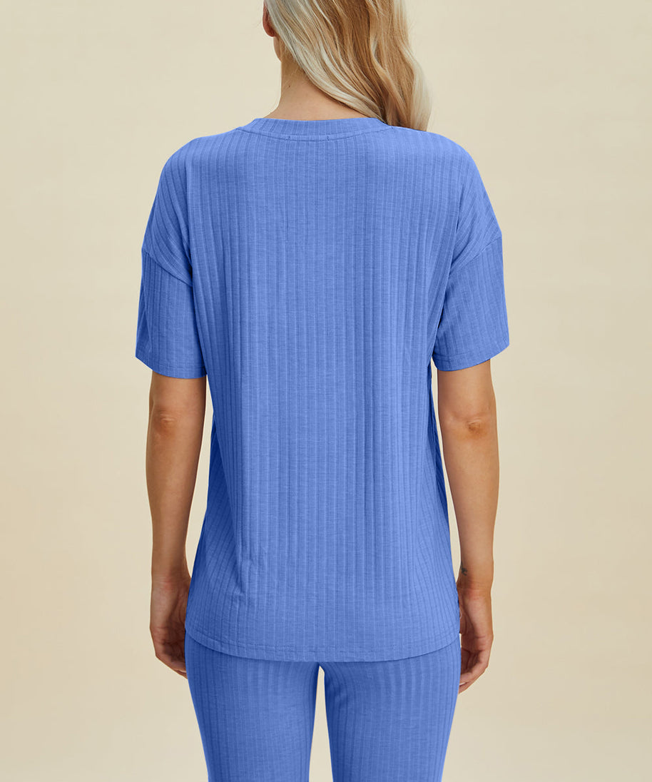 Basic Bae Full Size Ribbed V-Neck Short Sleeve Top and Shorts Set