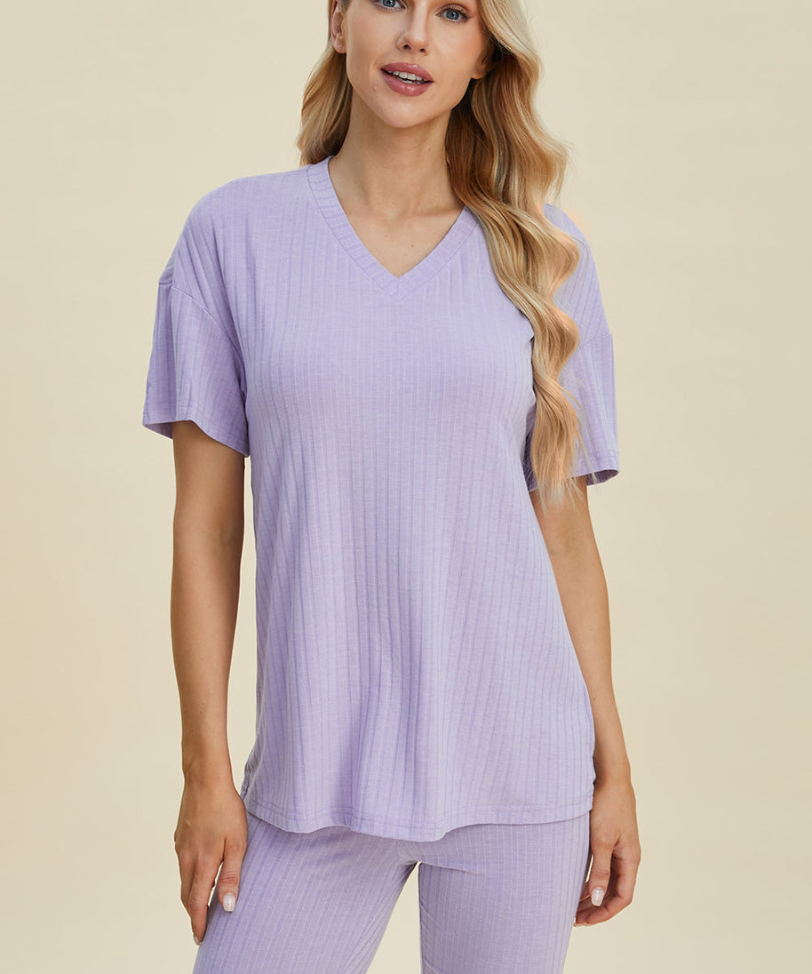 Basic Bae Full Size Ribbed V-Neck Short Sleeve Top and Shorts Set
