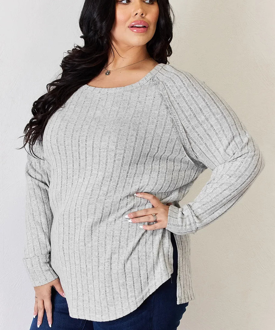 Basic Bae Full Size Ribbed Round Neck Slit T-Shirt