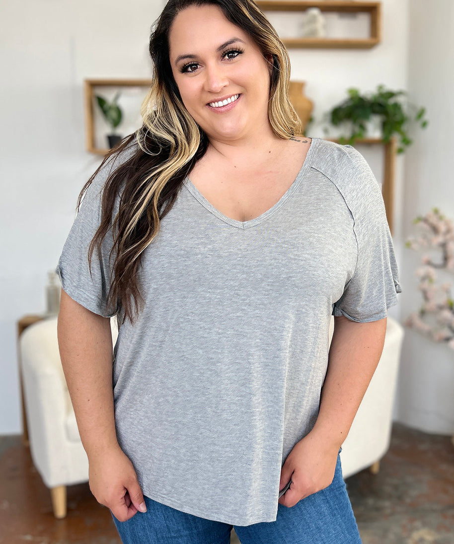 Basic Bae Full Size Bamboo Slit V-Neck Short Sleeve T-Shirt