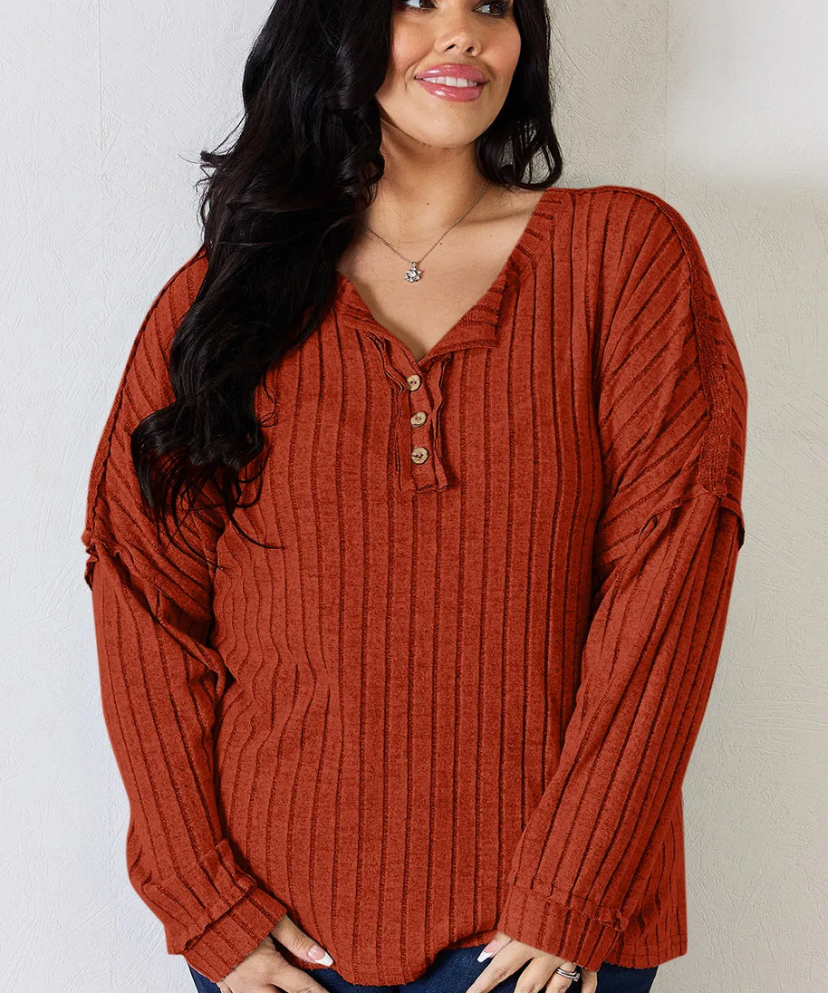 Basic Bae Full Size Ribbed Half Button Long Sleeve T-Shirt
