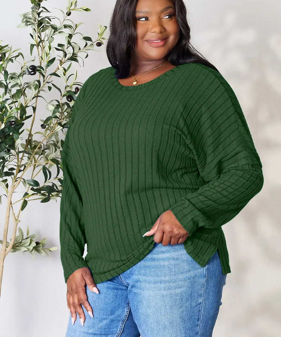 Basic Bae Full Size Ribbed Round Neck Slit Knit Top