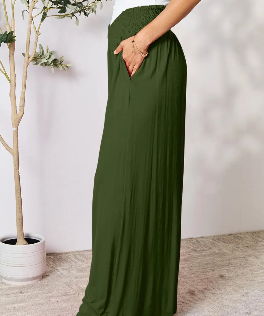 Basic Bae Full Size Smocked Wide Waistband Wide Leg Pants
