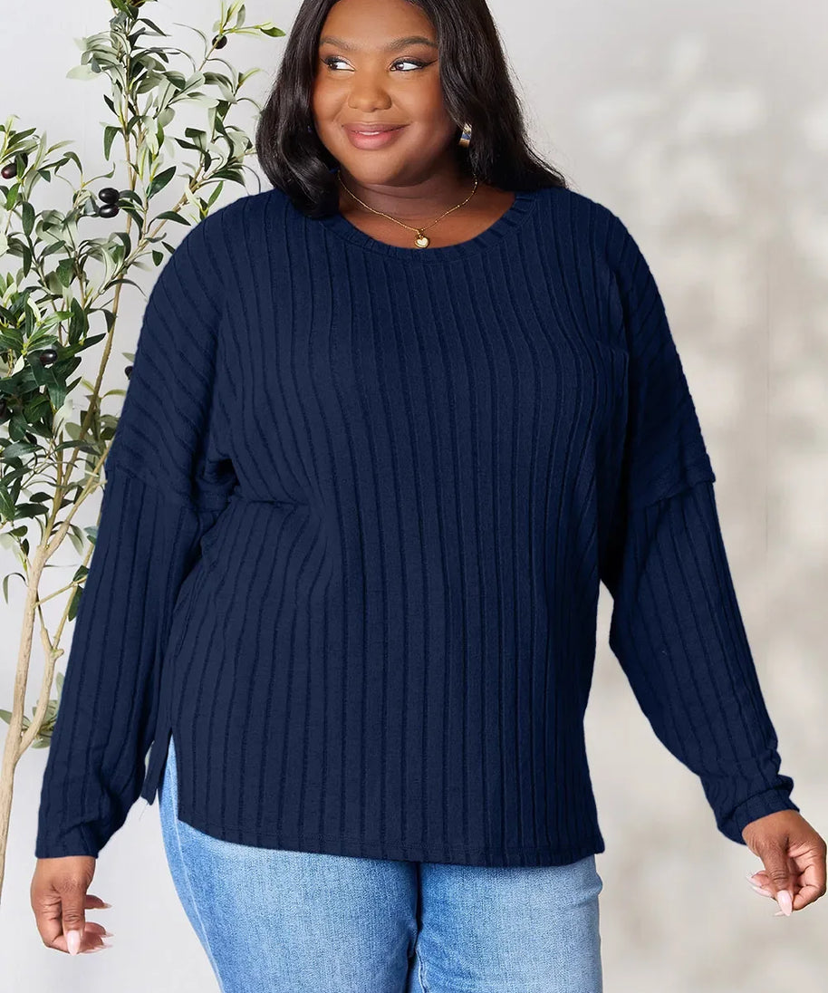 Basic Bae Full Size Ribbed Round Neck Slit Knit Top