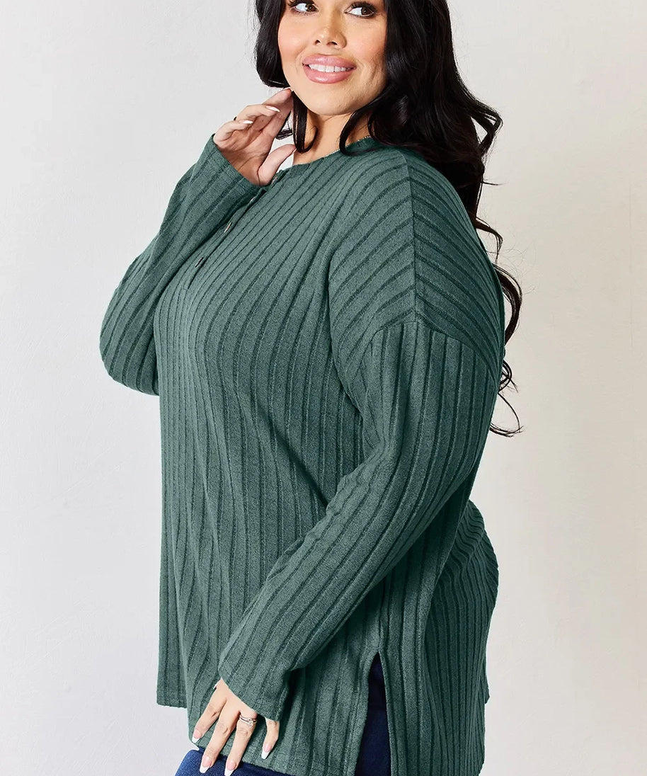Basic Bae Full Size Ribbed Half Button Long Sleeve High-Low T-Shirt