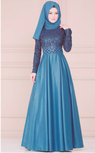 Stylish Color Block Muslim Long Dress with Lace Sleeves