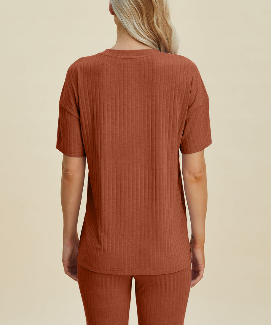 Basic Bae Full Size Ribbed V-Neck Short Sleeve Top and Shorts Set